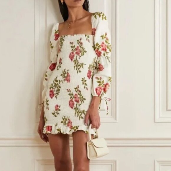 Reformation Hilary Smocked Jolie Floral Linen Mini Dress Large NWT Cottagecore - Picture 2 of 8
